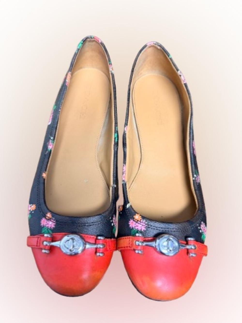 Coach Leila Floral Ballet Flats Brown Signature Print Red Cap Toe Turnlock Shoes
